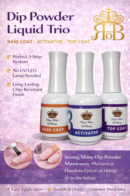 Royal House of Beauty Dip Powder Liquid Trio – Base Coat, Activator & Glossy Top Coat Set, No UV Lamp Needed, Professional & DIY Manicure System