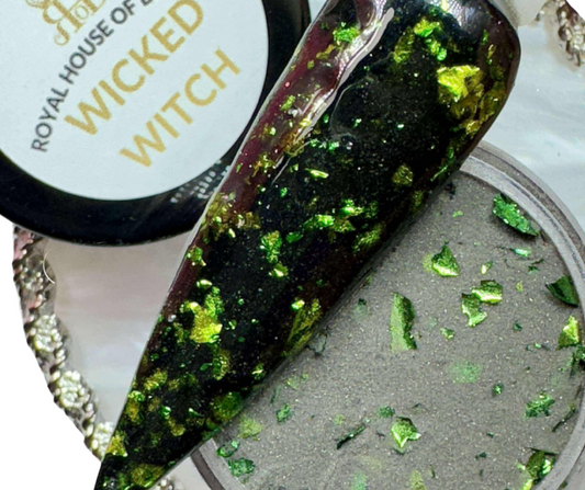 Wicked Witch, Black Dip Powder with Green Foils - Long-Lasting Acrylic Nail Art for Home or Salon Manicures & Pedicures, 0.25 oz, Cruelty Free.