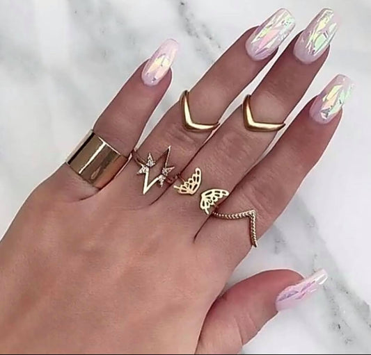 Metal Hollow, Butterfly, V Shape Knuckle Stacking Ring Set.
