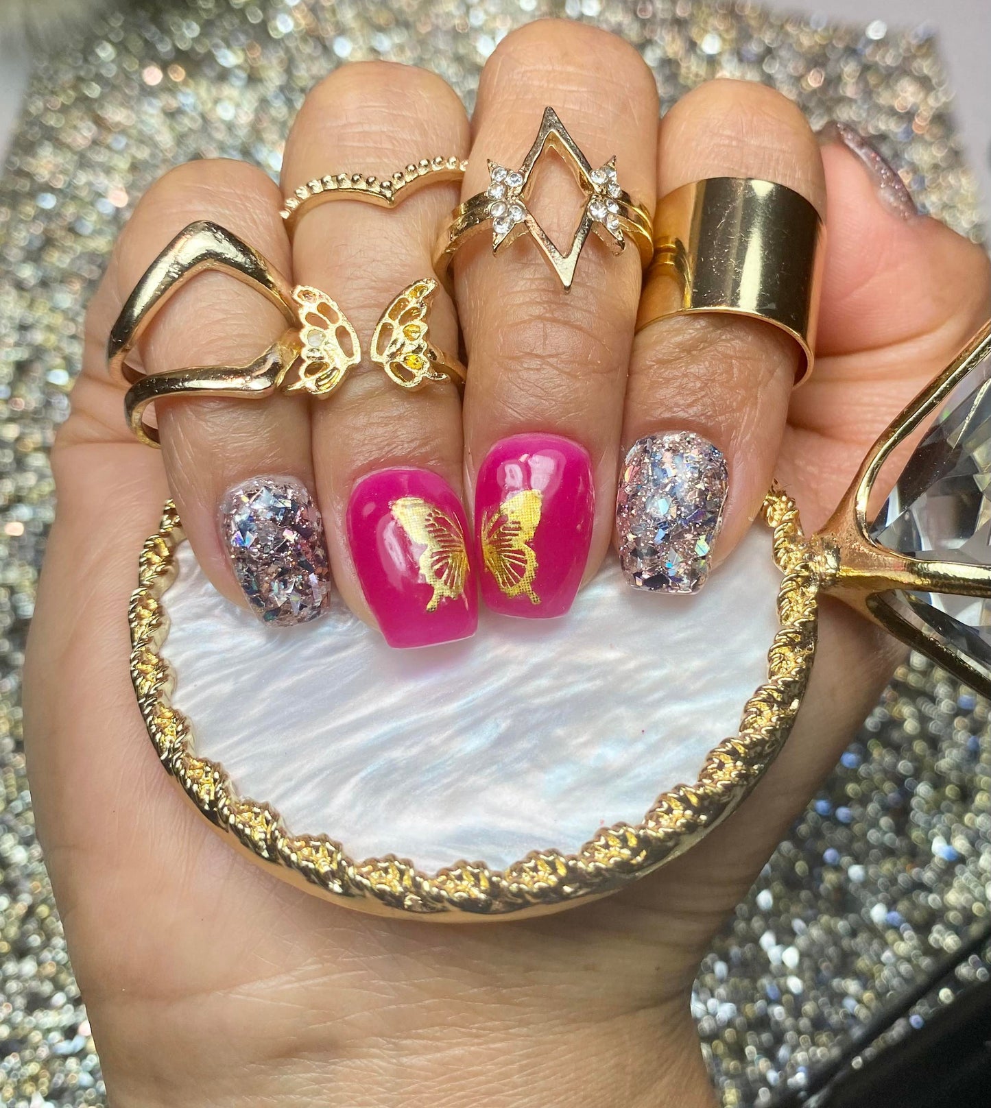 Metal Hollow, Butterfly, V Shape Knuckle Stacking Ring Set.