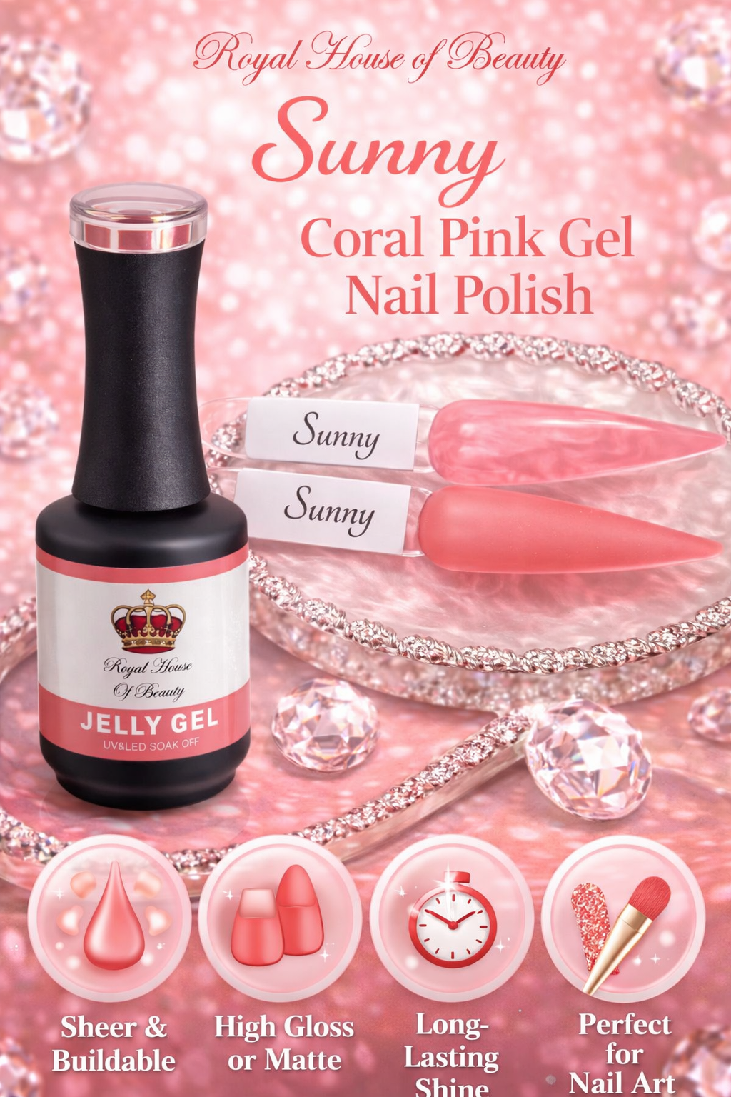 Sunny, Coral Pink Jelly Gel Nail Polish – Sheer Translucent Buildable UV LED Soak Off Gel, High Gloss Finish, 15ml. HEMA Free