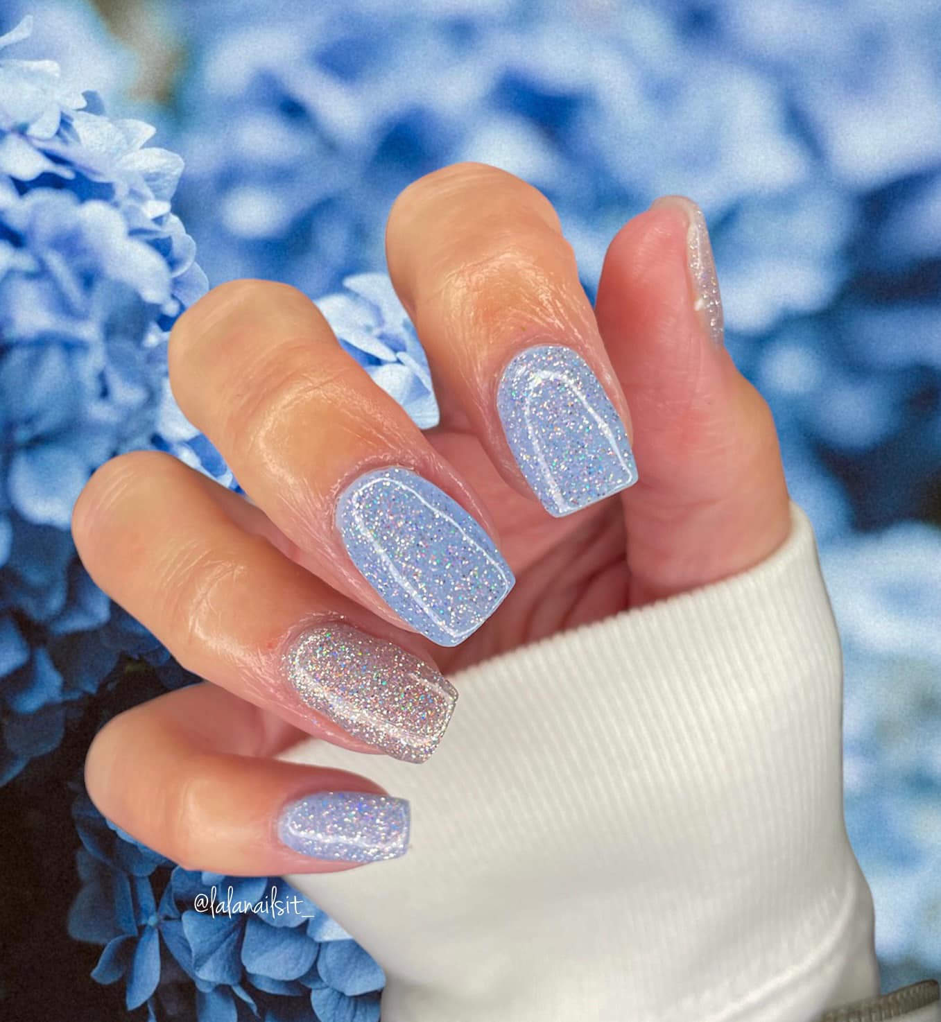Silver Holo and Blue Dip Powder