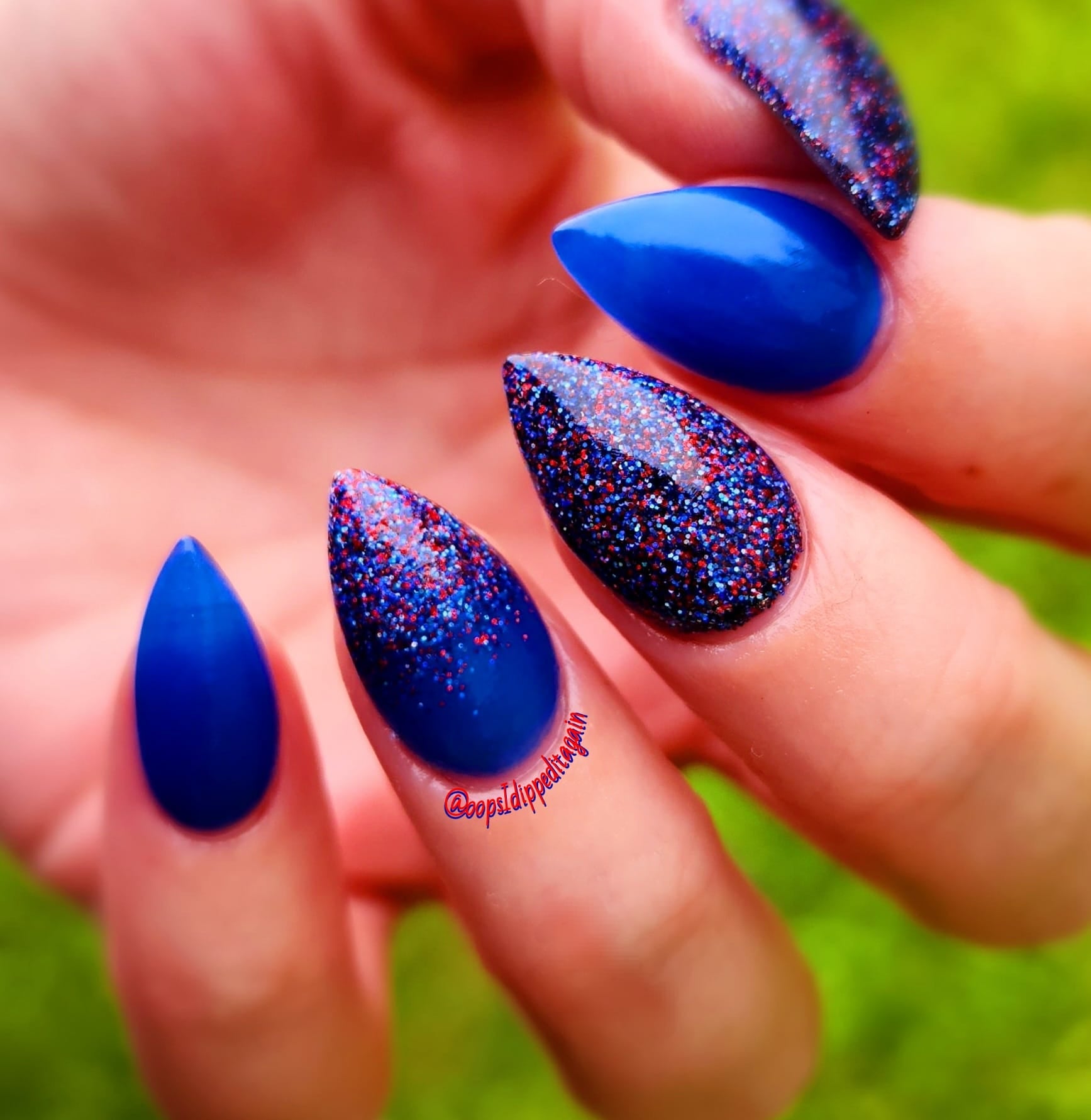 Blue and red glitter dip powder