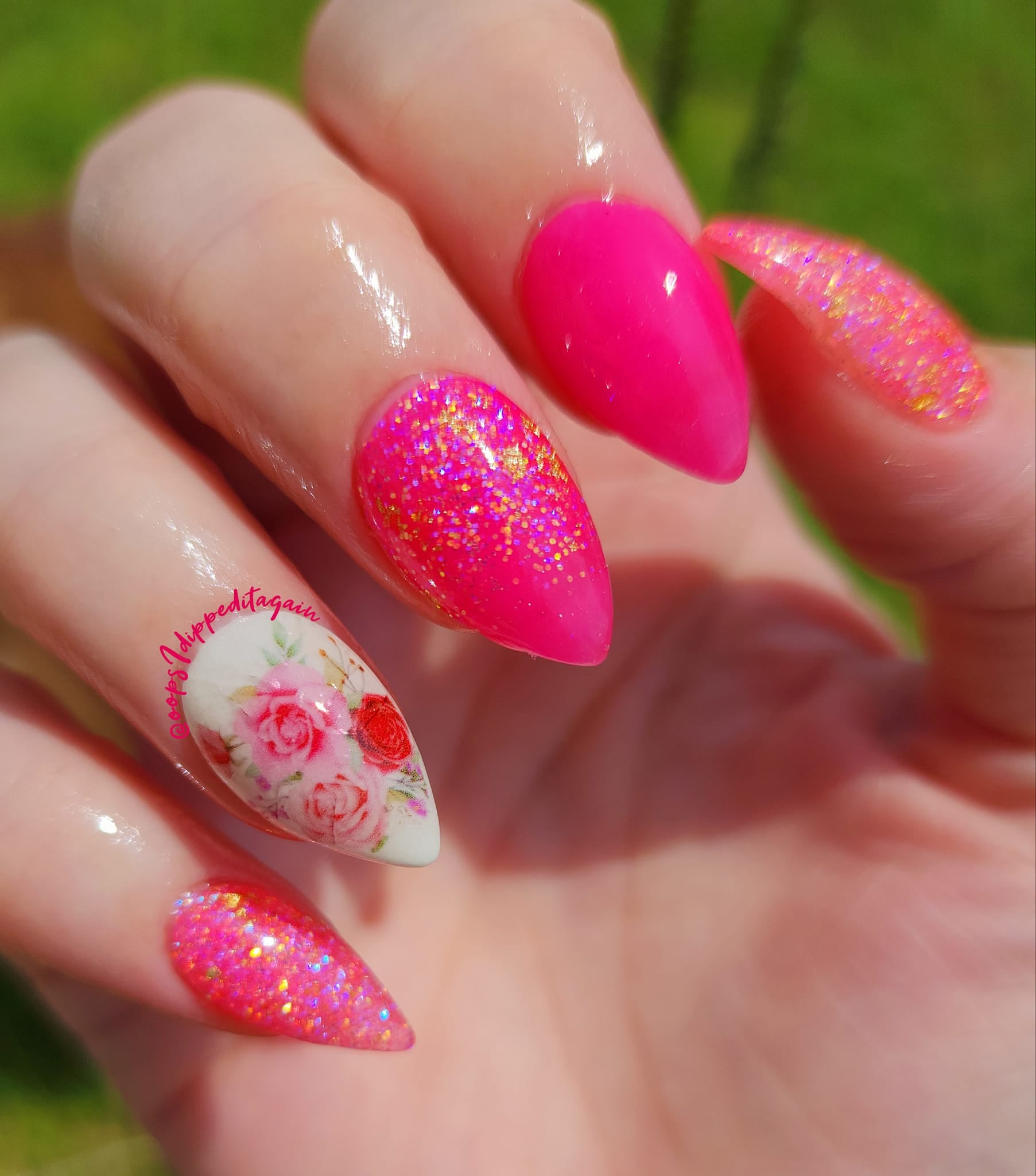 Pink iridescent dip powder with gold foils