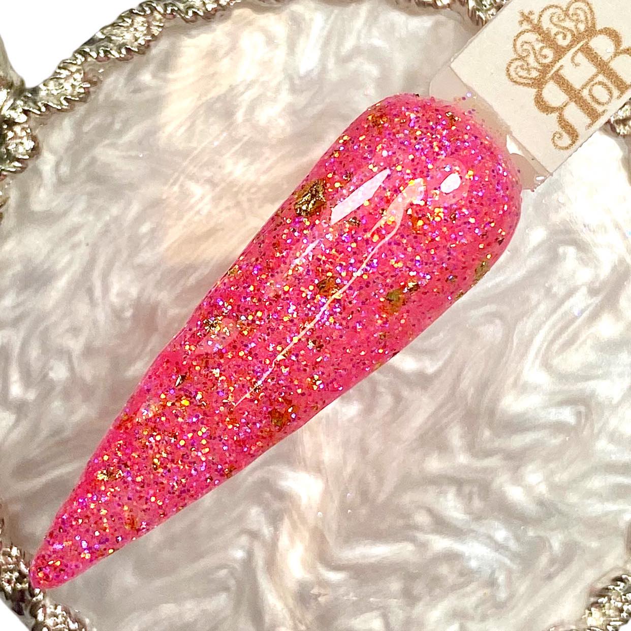 Pink iridescent dip powder with gold foils