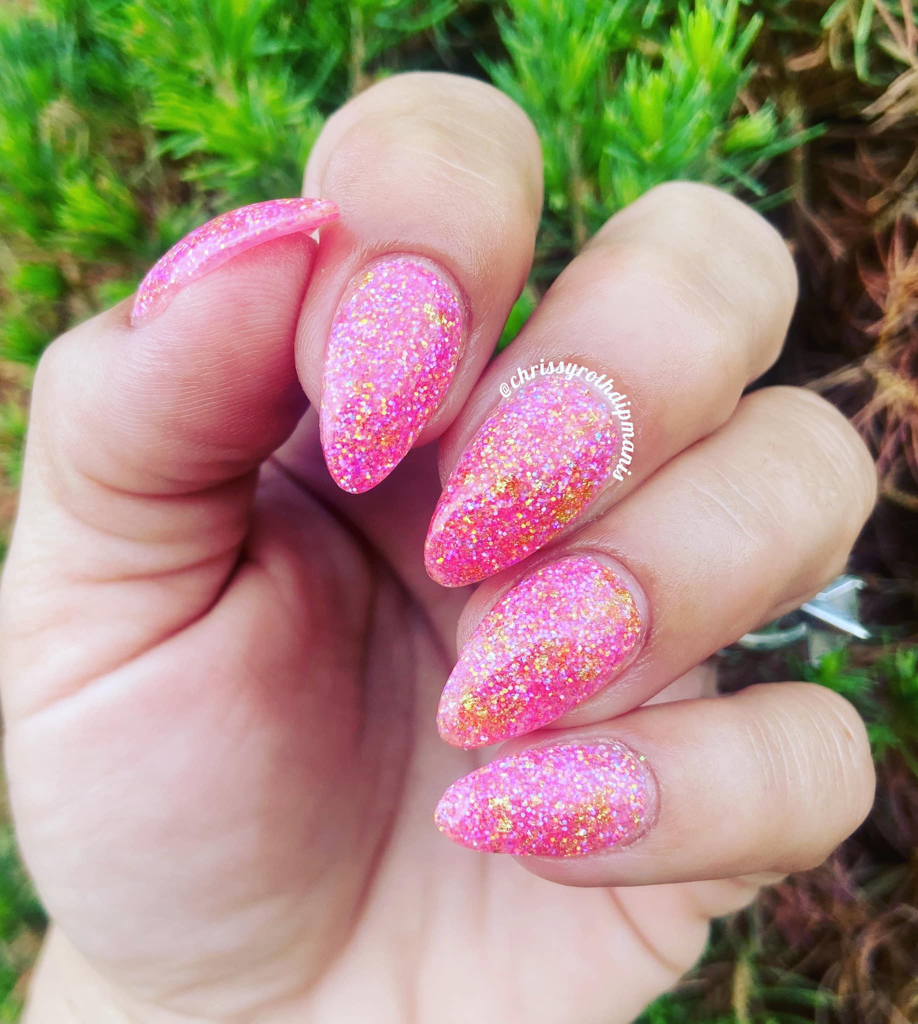 Pink iridescent dip powder with gold foils