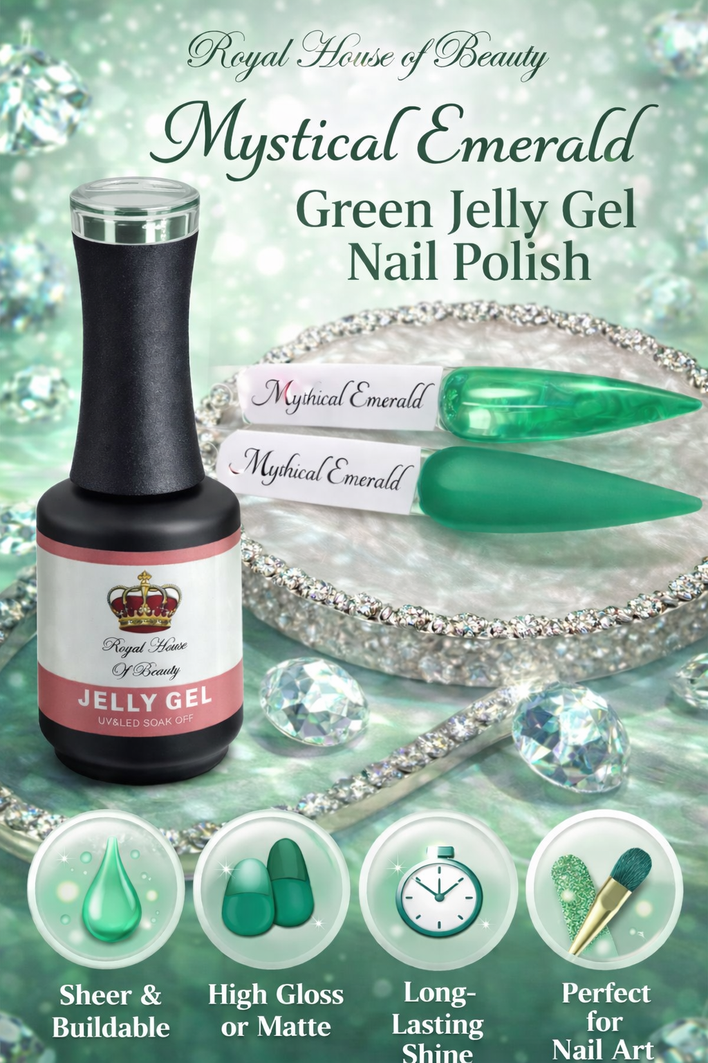 Mystical Emerald, Green Jelly Gel Nail Polish – Sheer Translucent Buildable UV LED Soak Off Gel, High Gloss Finish, 15ml. HEMA Free