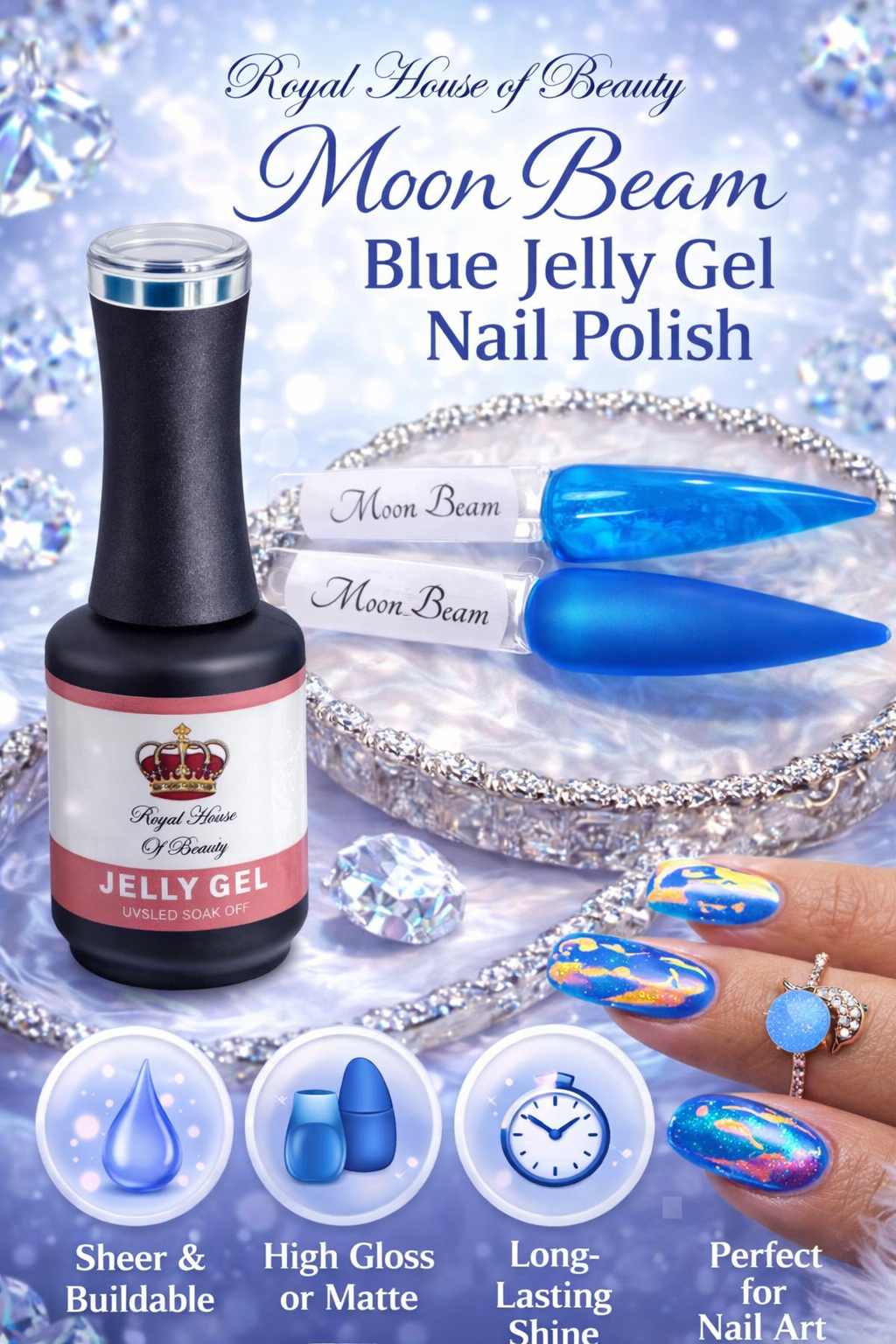 Moon Beam Blue Jelly Gel Nail Polish – Sheer Translucent Buildable UV LED Soak Off Gel, High Gloss Finish, 15ml. HEMA Free
