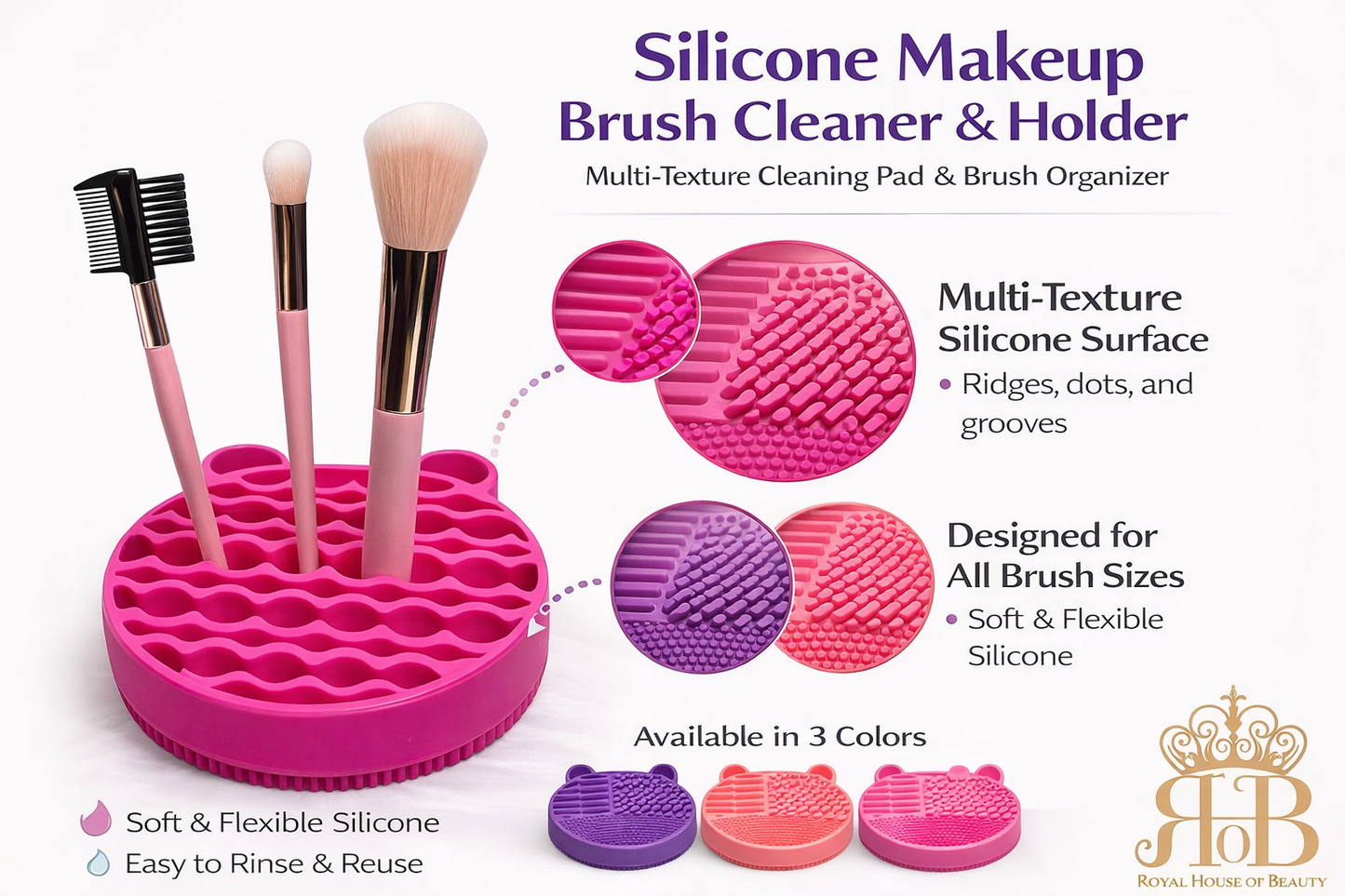 Silicone Makeup Brush Cleaner & Holder Set, Soft Textured Cleaning Pad with Brush Organizer, 3 Color Options