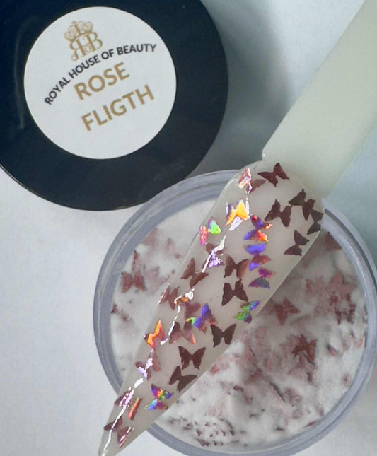 Rose Flight, Clear Dip Powder With Iridescent Rose Gold Butterflies