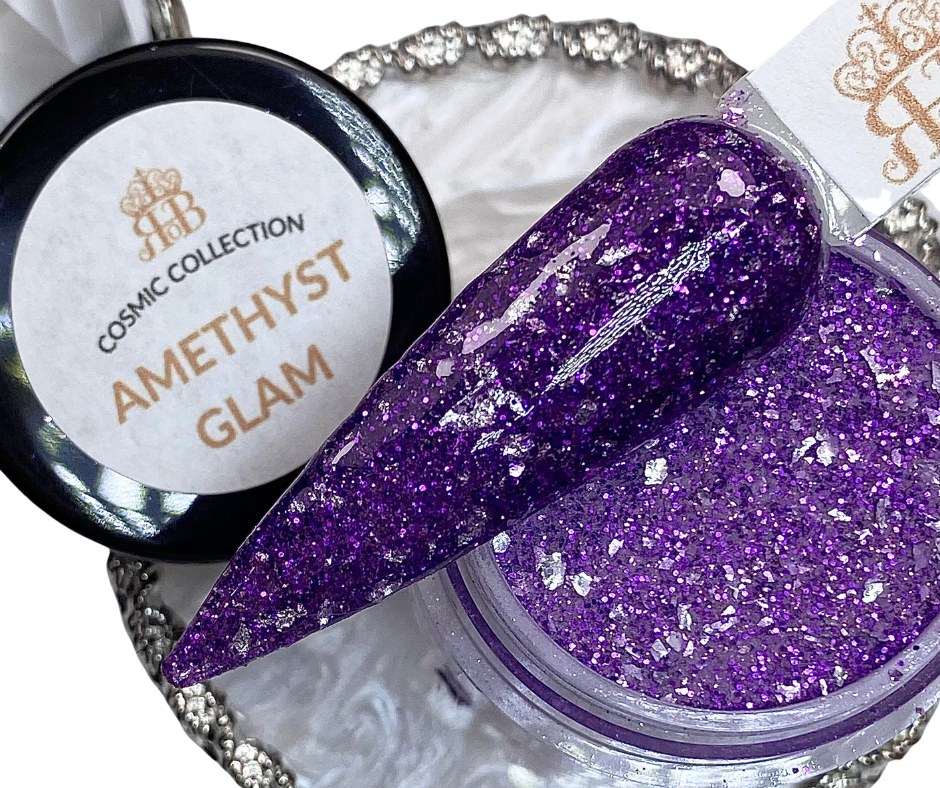 Purple glitter dip powder with silver foils
