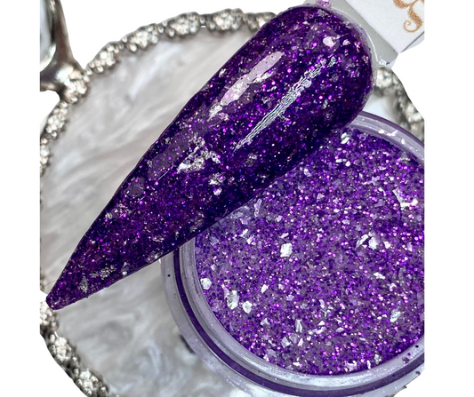 Purple glitter dip powder with silver foils