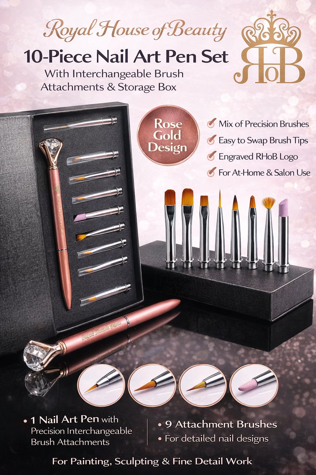 Royal House of Beauty 10-Piece Nail Art Pen Set with Interchangeable Brush Attachments & Storage Box – Rose Gold Precision Nail Design Tool