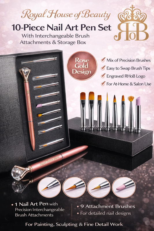 Royal House of Beauty 10-Piece Nail Art Pen Set with Interchangeable Brush Attachments & Storage Box – Rose Gold Precision Nail Design Tool