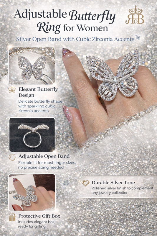 Adjustable Butterfly Ring for Women – Silver Open Band with Cubic Zirconia Accents