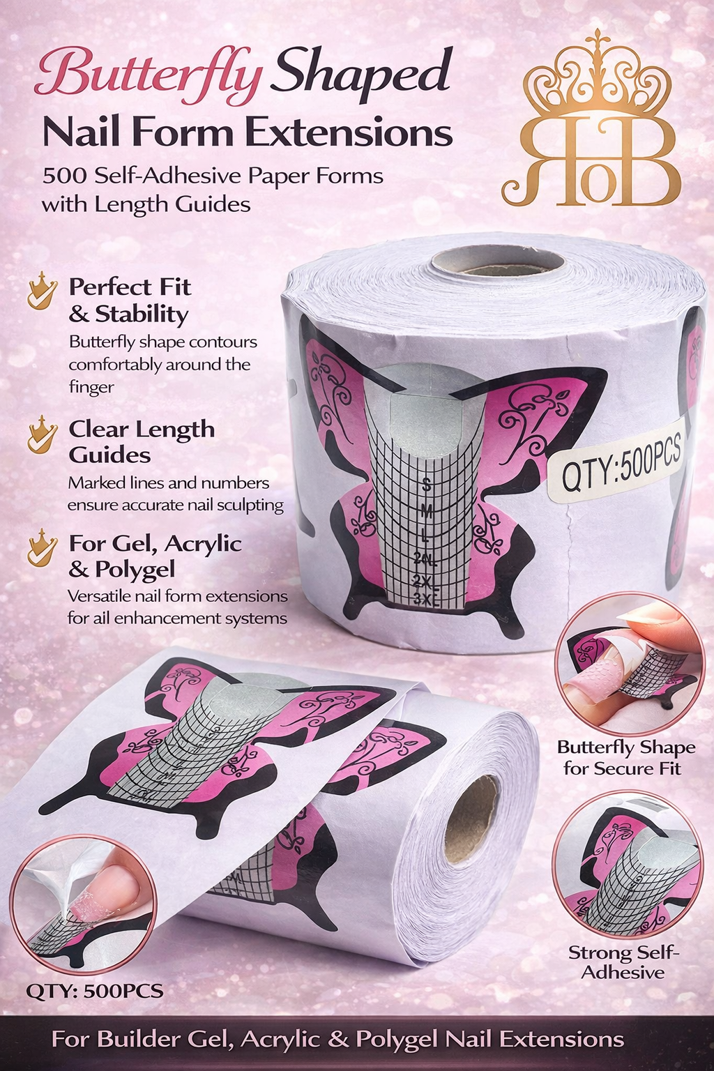 Butterfly Shaped Nail Form Extensions – 500 Self-Adhesive Paper Forms with Length Guides for Builder Gel, Acrylic & Polygel Nail Extensions