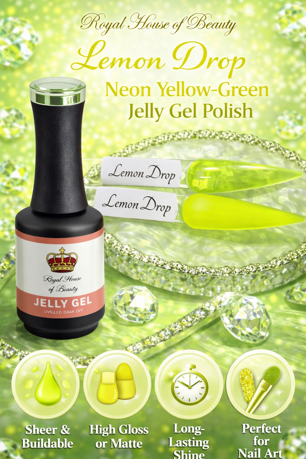 Lemon Drop, Neon Yellow-Green Jelly Gel Polish, Sheer Translucent UV/LED Nail Art Gel for Salon & Home Manicures, 15 ml Bottle. HEMA Free