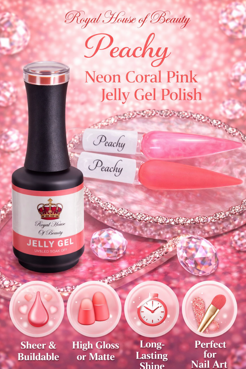 Peachy, Neon Coral Pink Jelly Gel Polish, Sheer Translucent UV/LED Nail Art Gel for Salon & Home Manicures, 15 ml Bottle, HEMA Free