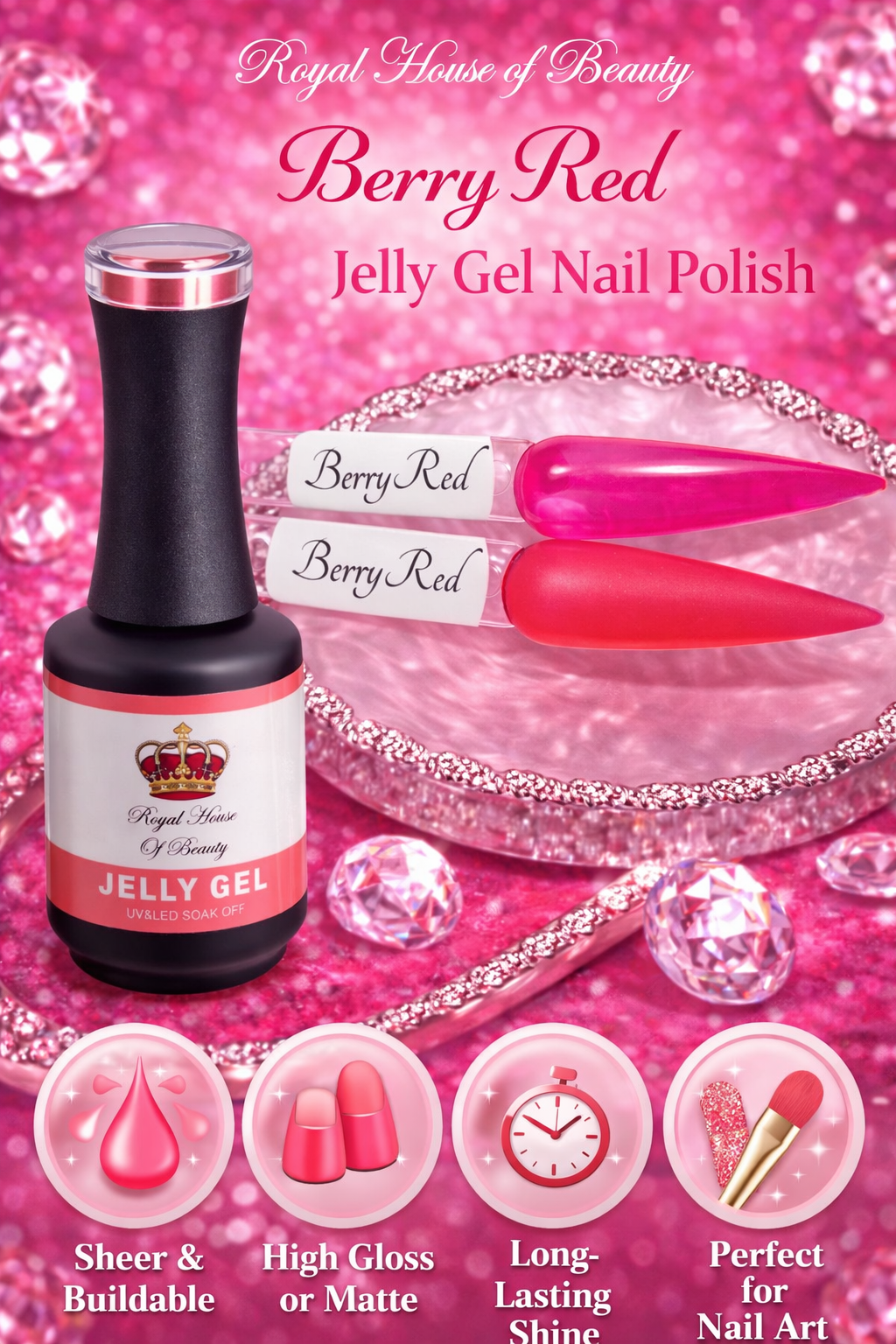 Berry Red, Fuchsia/Red Jelly Gel Nail Polish Sheer Translucent Buildable UV LED Soak Off Gel, High Gloss Finish, 15ml. HEMA Free