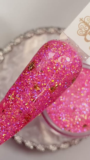 Pink iridescent dip powder with gold foils