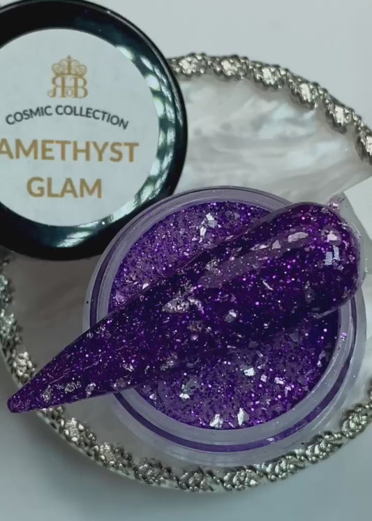 Purple glitter dip powder with silver foils