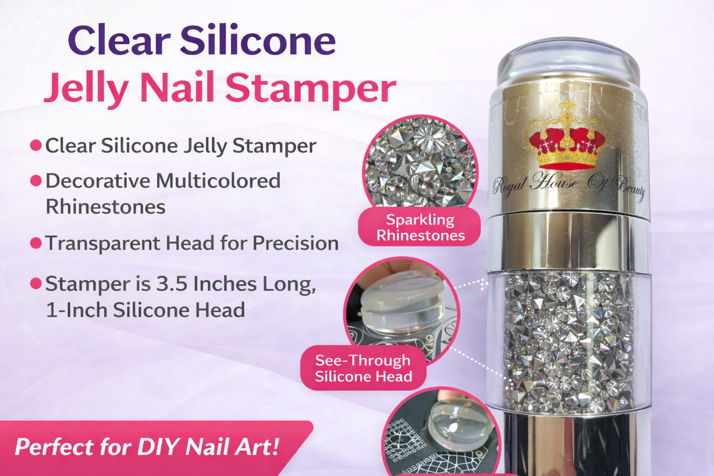 Rose Gold Professional Clear Silicone Nail Stamper with Dual Jelly Heads, Decorative Rhinestone Handle, Nail Art Stamping Tool