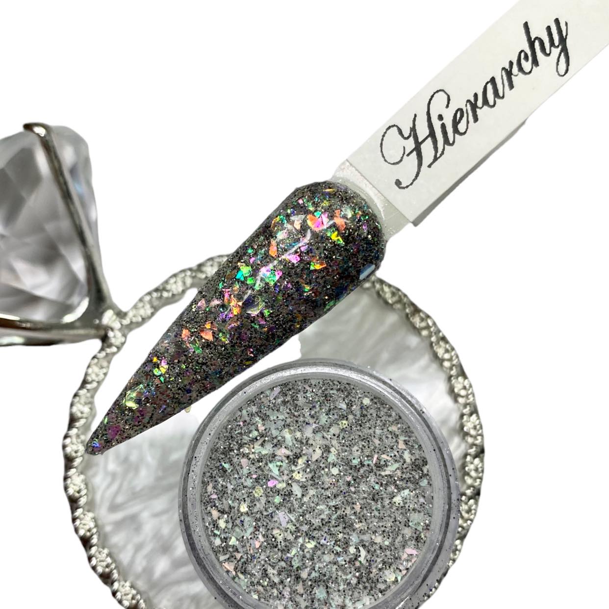 black glitter and multicolored flakes