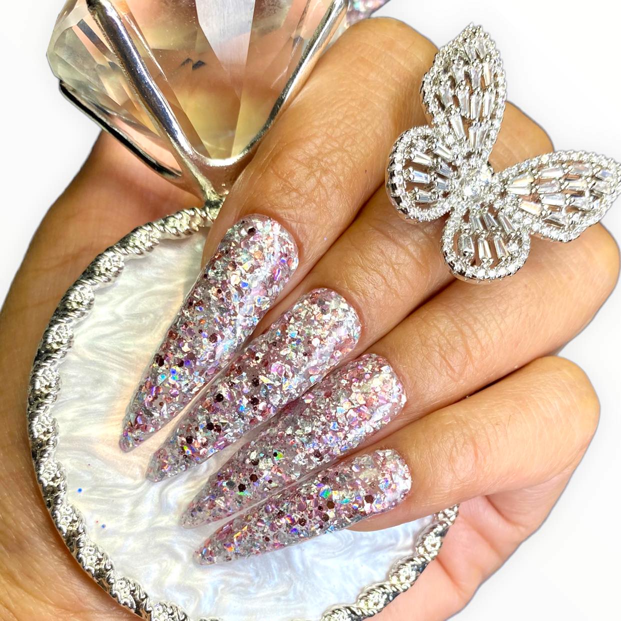 Silver, purple and rose dip powder