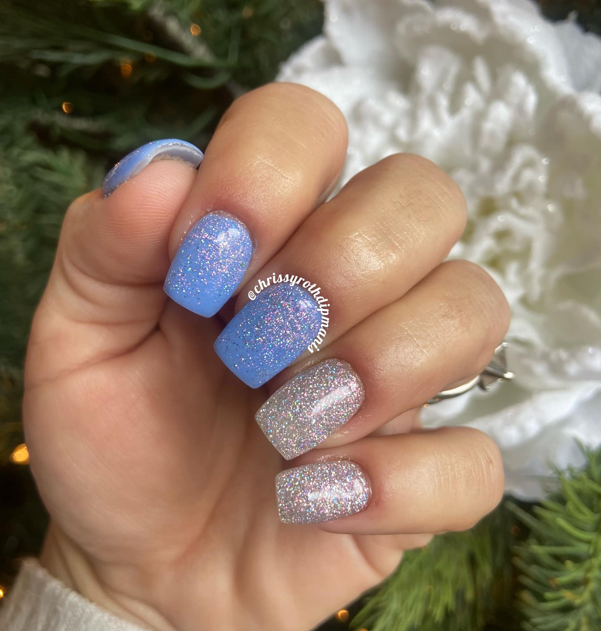 Silver Holo and Blue Dip Powder