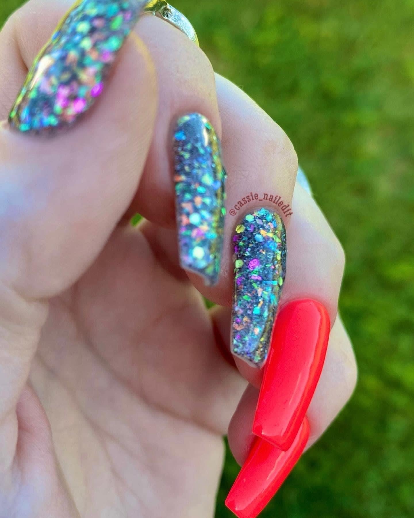 black glitter and multicolored flakes